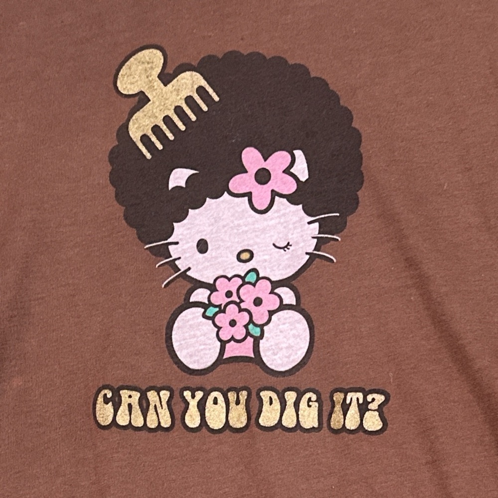 Sanrio Hello Kitty Brown Graphic Tee with Retro Afro Motif